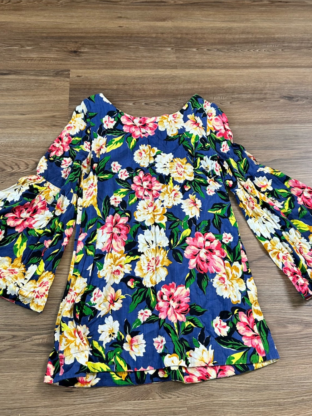 Farm Rio Floral Tunic Dress Shirt Split Sleeve Small Bell Sleeve Boho Hippie - Picture 9 of 9